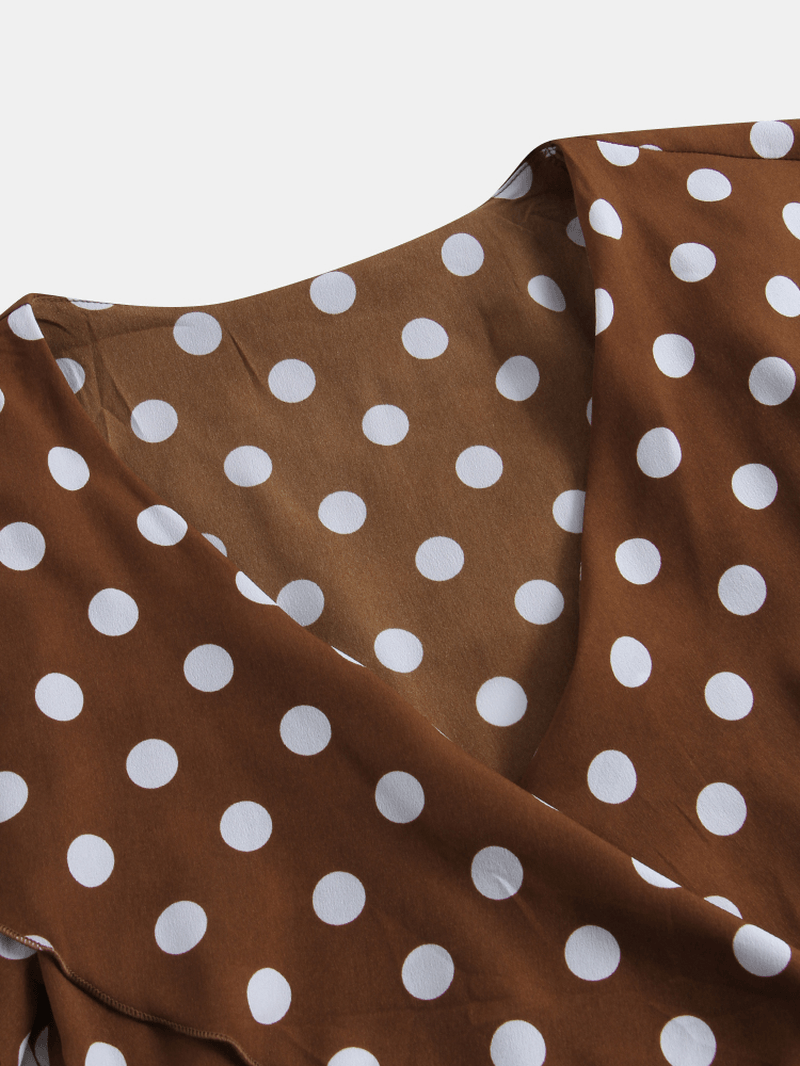 Polka Dot Print V-Neck Long Sleeve Causal Blouse - MRSLM