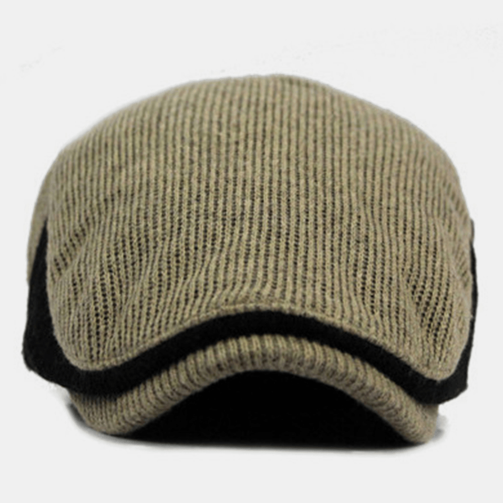 Men Wool plus Thicken Keep Warm Stripe Pattern Casual Woolen Forward Hat Beret Hat - MRSLM