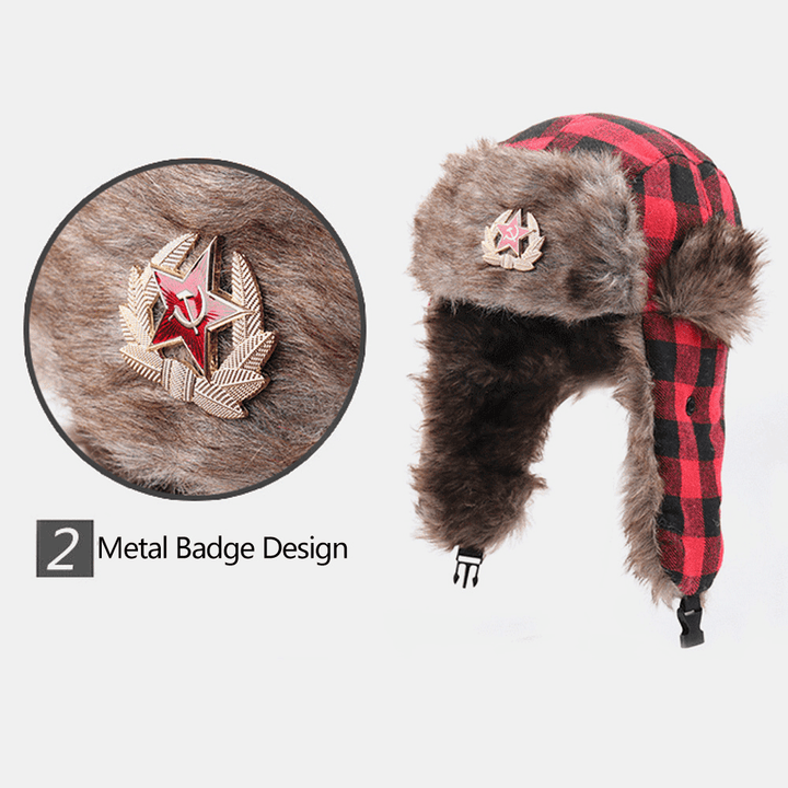 Men Plush Plaid Soviet Badge Windproof Waterproof Ushanka Hat Outdoor Sport Thicken Ear Protection Warm Trapper Hat - MRSLM