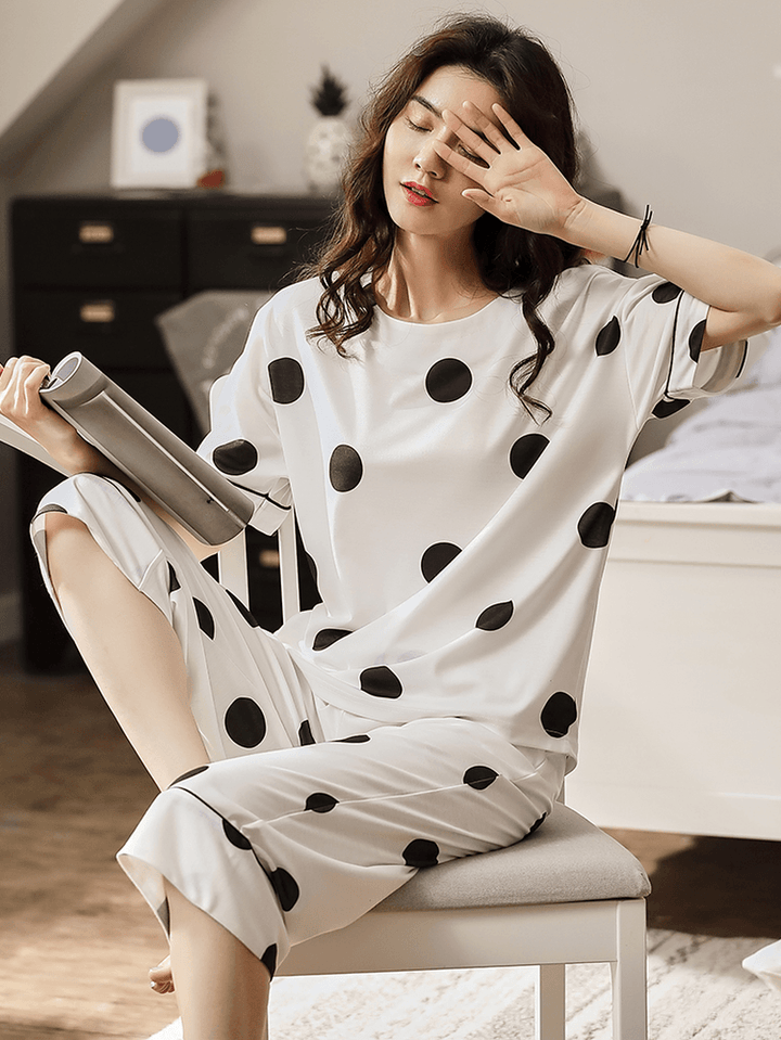 Women Cotton Polka Dot Short Sleeve Pajamas Sets Casual Summer Sleepwear - MRSLM