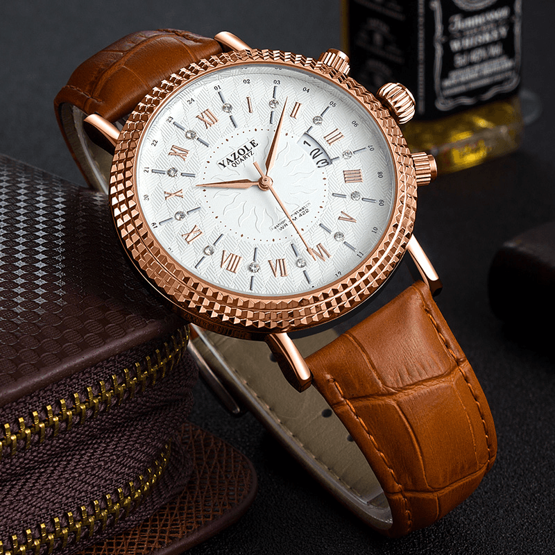 YAZOLE 422 Leather Strap Roman Numerals Crystal Dial Fashion Men Waterproof Quartz Watch - MRSLM