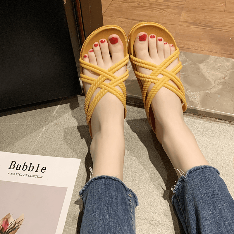 Women Solid Color Cross Band Home Flats Sandals - MRSLM