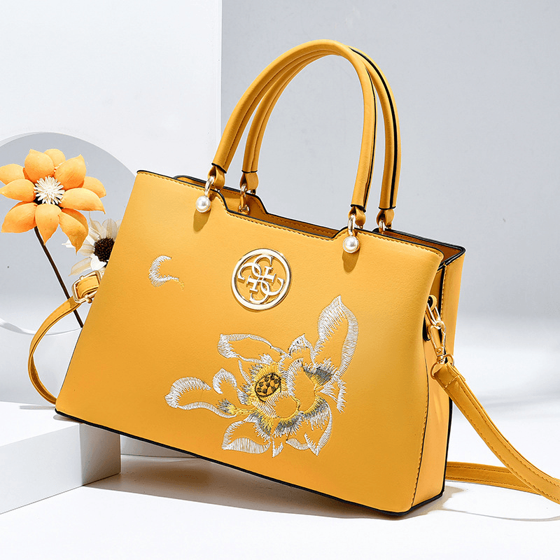 Women Vintage Chinese Style Gardenia Flower Embroidered Handbag Large Capacity Multi-Pocket Multi-Carry PU Leahter Crossbody Bag - MRSLM