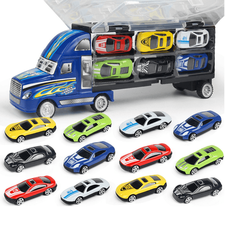 12 Pcs Kid Car Model Set Truck Simulation Track Vehicle Toys Alloy Cars+Cartoon Car+Storage Truck Children Toys Gift - MRSLM