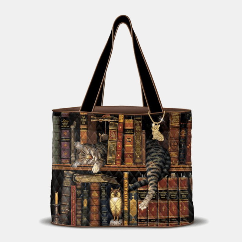 Women Cute Nap Cat Bookshelf Literary Works Pattern Decoration Shoulder Bag Handbag Tote - MRSLM