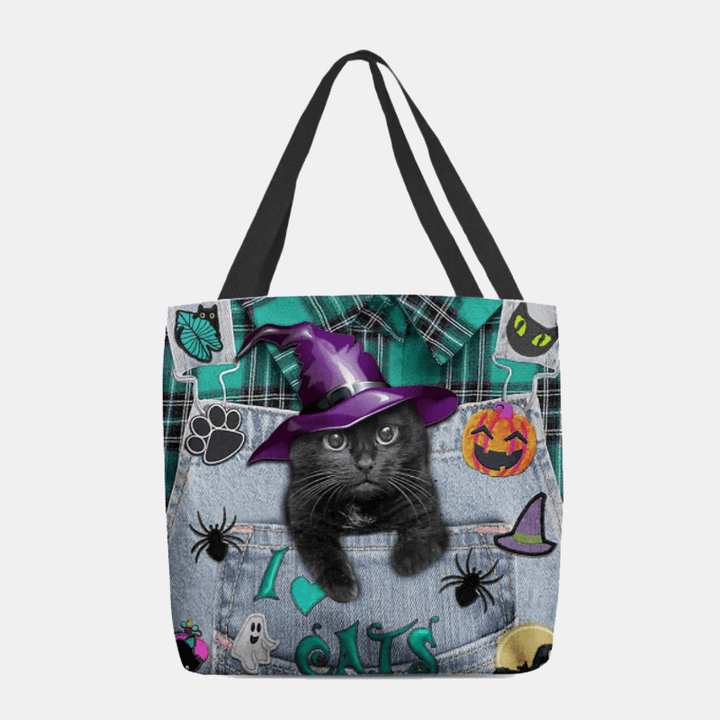 Women Canvas Magic Hat Three-Dimensional 3D Cute Black Cat Handbag Tote Shoulder Bag - MRSLM