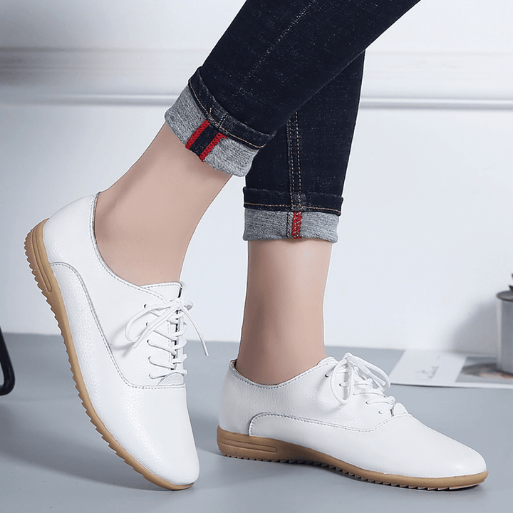 Women Slip Resistant Lace up Casual Leather Flats - MRSLM