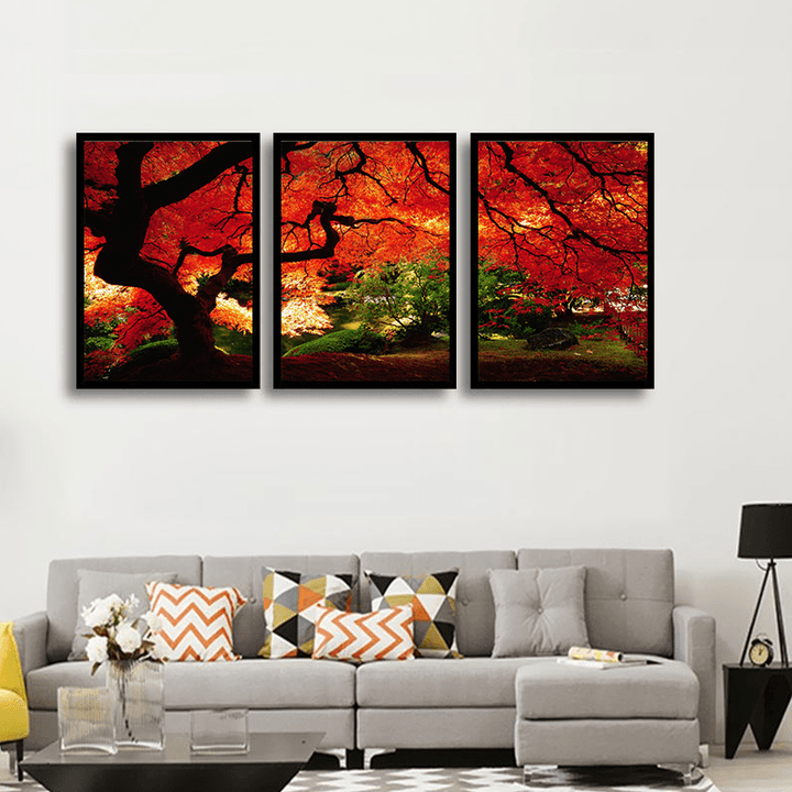 Miico Hand Painted Three Combination Decorative Paintings Maple Tree Wall Art for Home Decoration - MRSLM