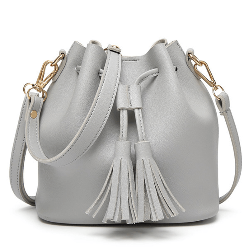 Women PU Leather Drawstring Bucket Bags Retro Tassel Shoulder Bags Crossbody Bags - MRSLM