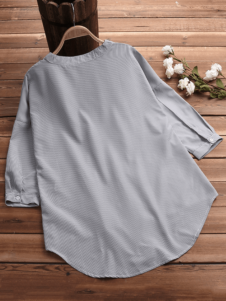 Women Striped V Neck Half Sleeve Loose Blouse - MRSLM