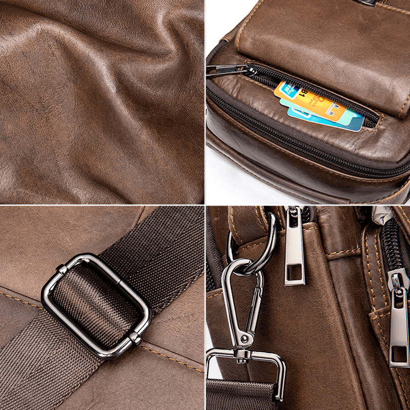 Men Genuine Leather Back Anti-Theft Pocket Crossbody Bags Retro Multi-Pocket Wear-Resistant Messenger Bag Shoulder Bag - MRSLM