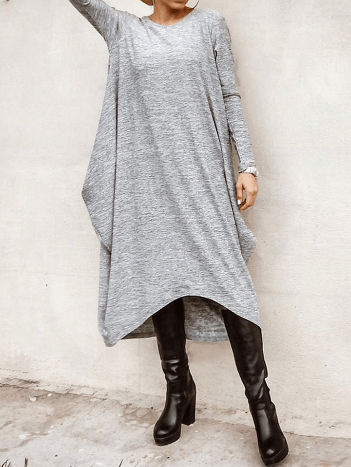 Women's Casual High Low Hem Midi Dress - Loose Fit with Long Sleeves - MRSLM