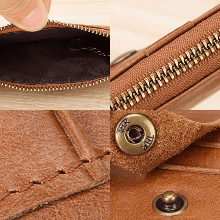 Men Genuine Leather RFID 3 Card Slots Retro Key Chain Holder Wallet - MRSLM