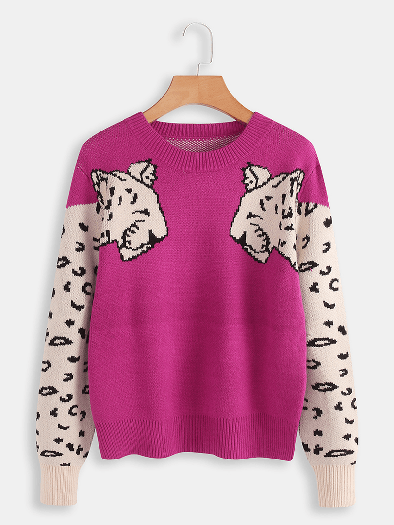 Women Leopard Print round Neck Long Sleeve Sweaters - MRSLM