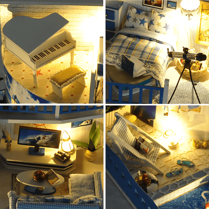 Wooden DIY Handmade Assemble Miniature Doll House Kit Toy with Furniture LED Light Music and Glass Dust Cover for Gift Collection - MRSLM