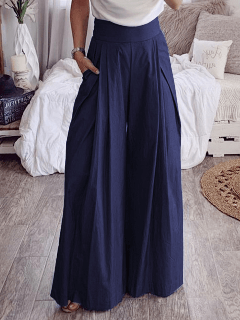 Women High Waist Trousers Casual Loose Wide Leg Pants with Pockets - MRSLM