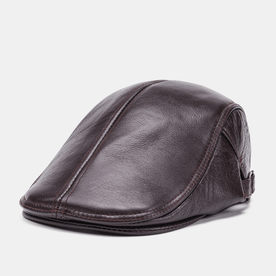 Men Genuine Leather Solid Color Casual Universal Outdoor Forward Hat Beret Hat - MRSLM