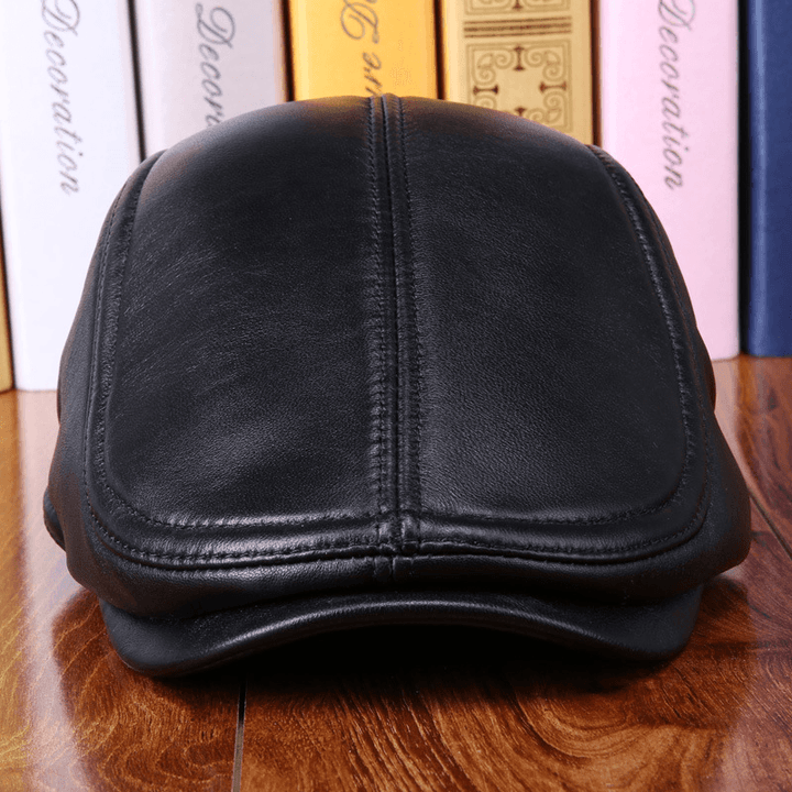 Leather Hat Men'S Sheepskin Ear Protection Leather Suede Beret - MRSLM