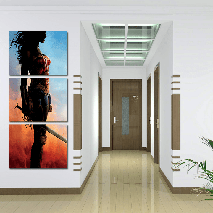 Miico Hand Painted Three Combination Decorative Paintings Wonder Woman Wall Art for Home Decoration - MRSLM