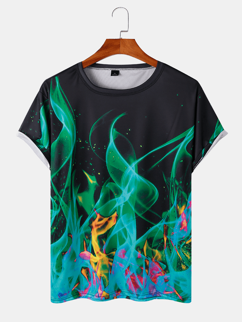 Men Casual Fire Pattern round Neck Short Sleeve T-Shirts - MRSLM