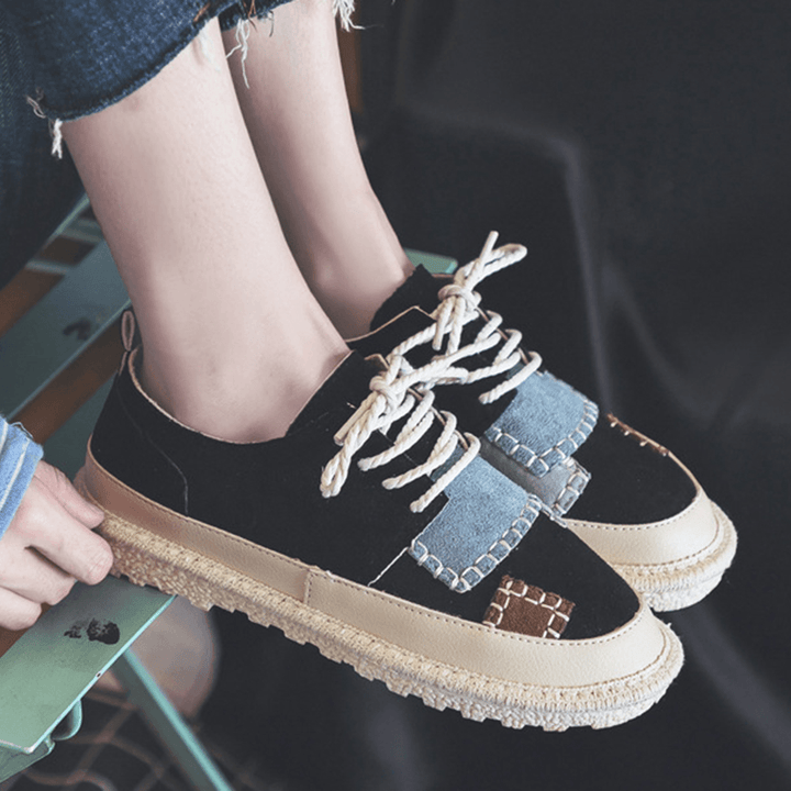 Women Splicing Slip Resistant Soft Casual Lace up Comfy Flats - MRSLM