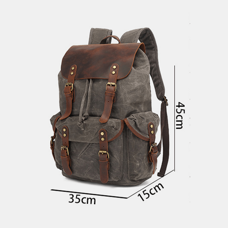 Men Oil Wax Canvas Casual Waterproof Multi-Pocket Backpack Large Capacity 15.6 Inch Laptop Bag Shoulder Bag - MRSLM