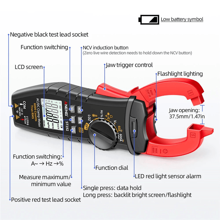 ANENG ST192 Digital Clamp Meter AC/DC Current True RMS 6000 Counts Multimeter Ammeter Voltage Tester Car Amp Hz Capacitance NCV Ohm Test - MRSLM