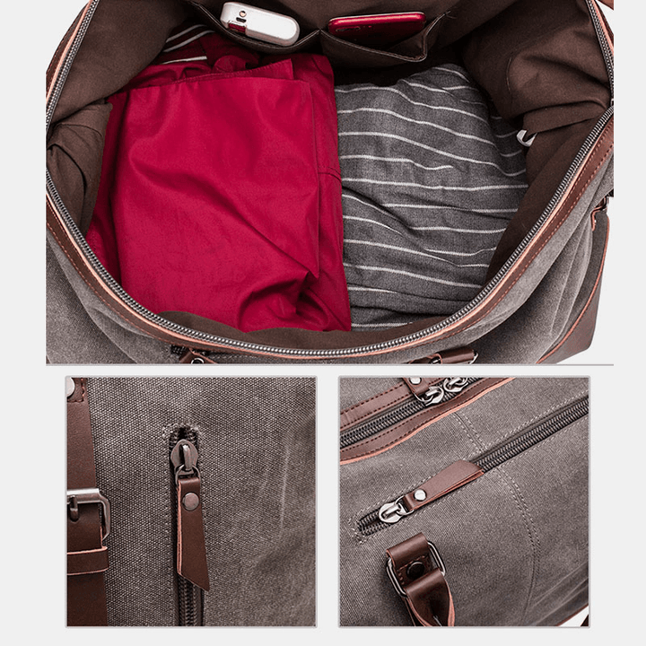 Men Canvas PU Leather Large Capacity Multi-Pocket Handbag Shoulder Bag Travel Bag Duffle Bag Crossbody Bag - MRSLM