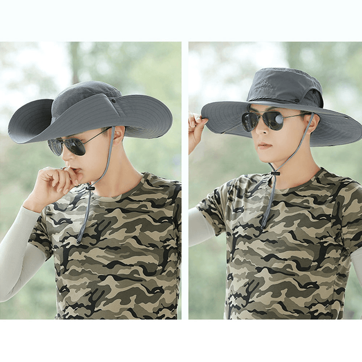 Men Summer UV Protection Wild Big Brim 12 Centimeters Visor Adjustable Sun Hat Bucket Hat for Fishing Mountaineering - MRSLM