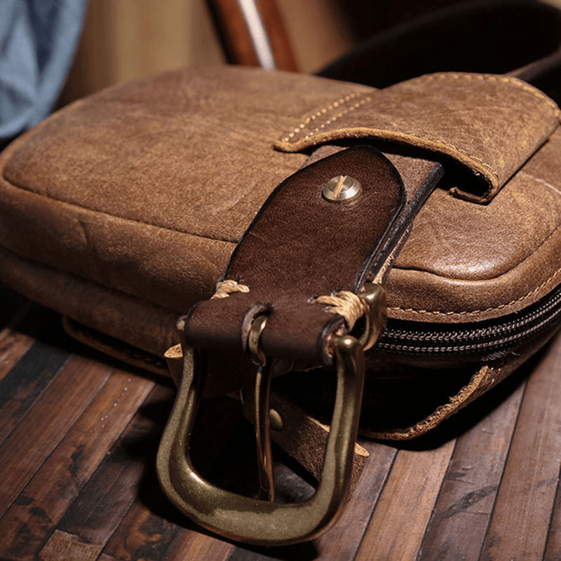 Men Genuine Leather Large Capacity Waist Bag Multifunctional Outdoor Retro 6.3 Inch Phone Bag - MRSLM