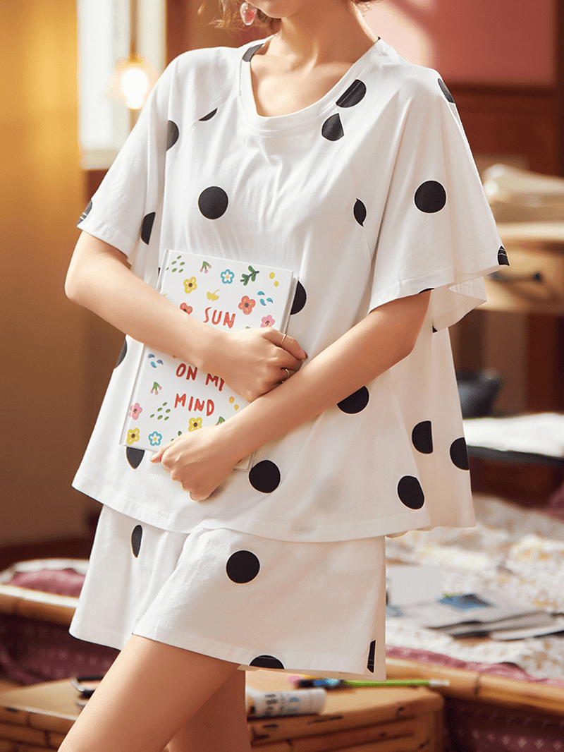 Women Polka Dot Print round Neck Short Sleeve Shorts Casual Pajama Sets - MRSLM