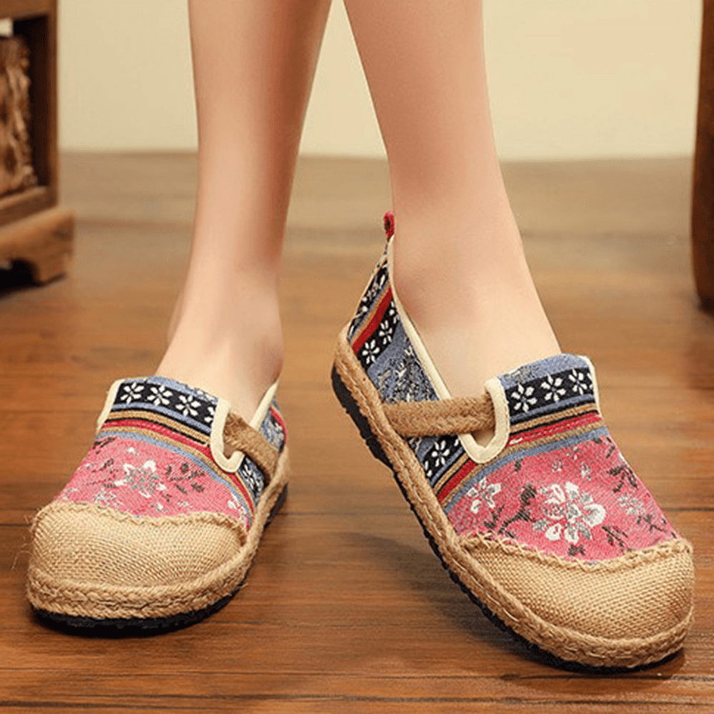 Women Linen Old Peking Printing Stricing Slip on Loafers - MRSLM