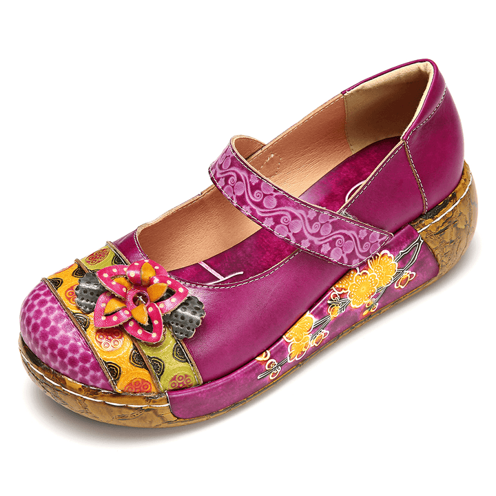 Women Genuine Leather Folkways Vintage Flowers Hook Loop Summer Platform Wedge Sandals - MRSLM