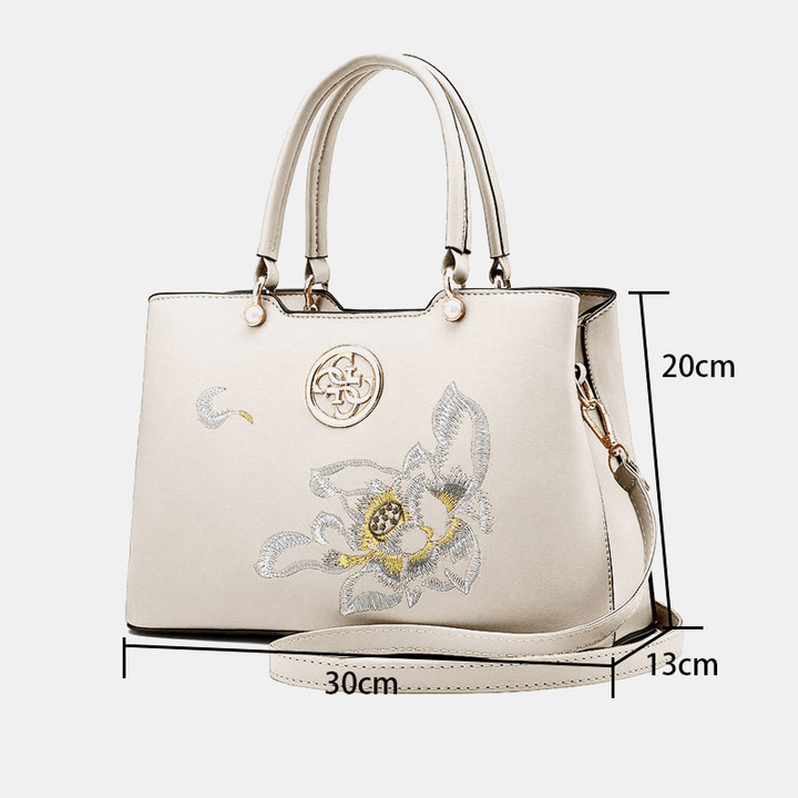 Women Vintage Chinese Style Gardenia Flower Embroidered Handbag Large Capacity Multi-Pocket Multi-Carry PU Leahter Crossbody Bag - MRSLM