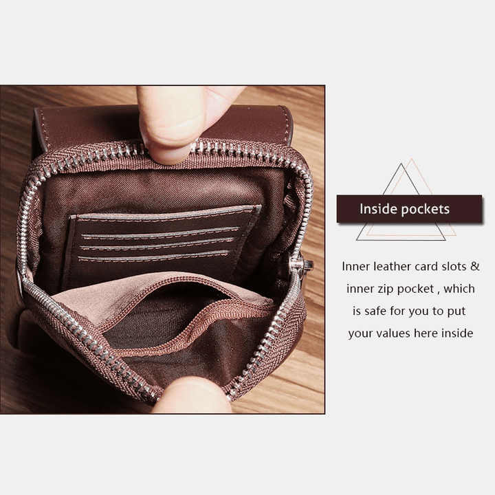 Men Vintage Lightweight Multi-Pocket Genuine Leather Mini Wallet Purse 6.5 Inch Phone Bag Waist Bag - MRSLM