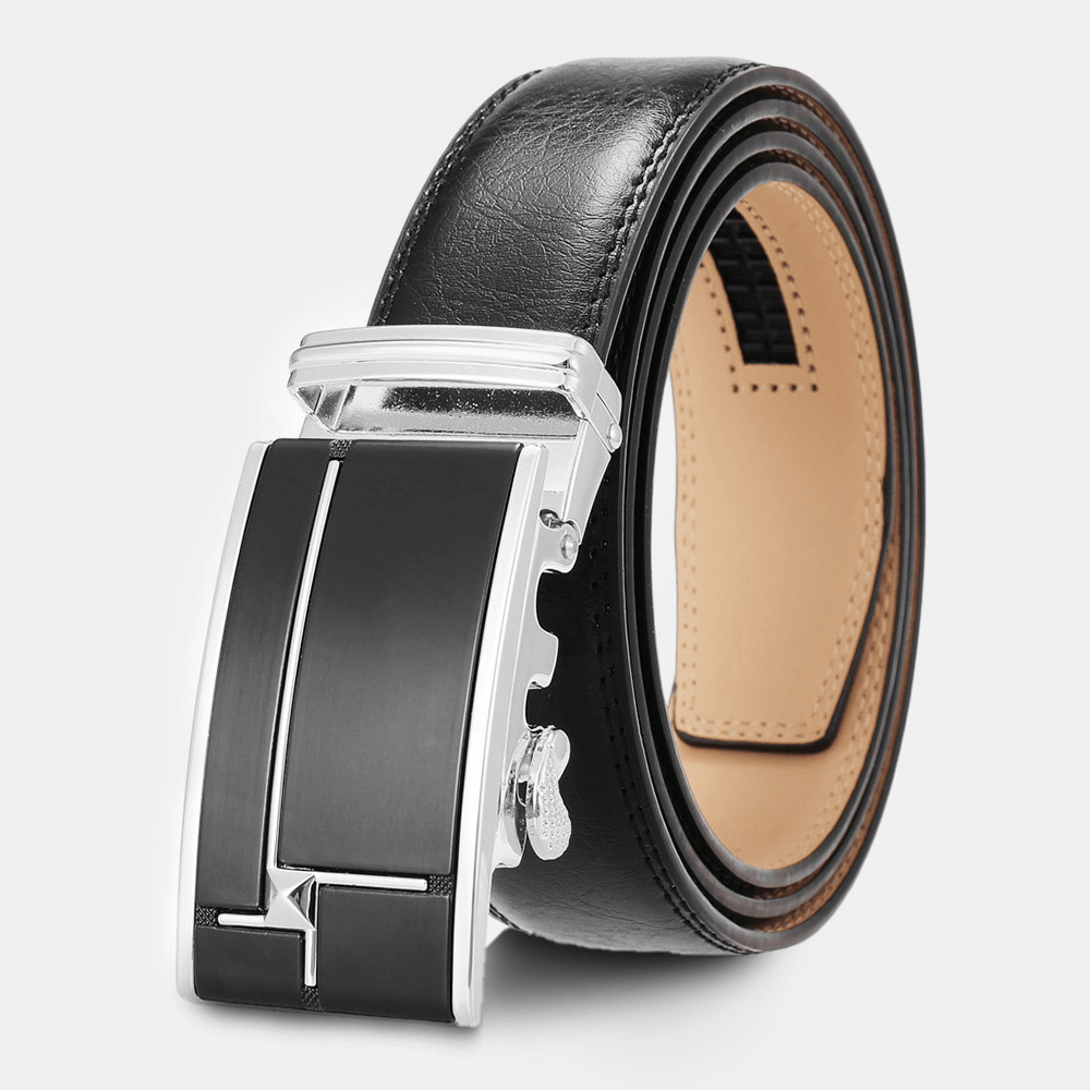 Men Genuine Leather Rectangular Alloy Automatic Buckle 3.5 CM Casual Business Wild Belt - MRSLM