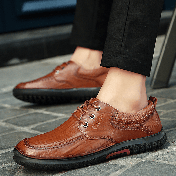 Men Casual Comfy Soft Sole Genuine Leather Lace up Oxfords Shoes - MRSLM