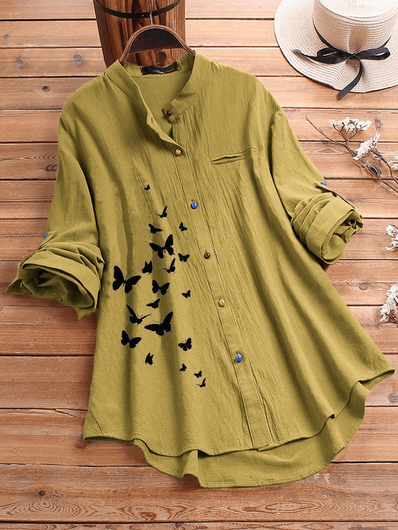 Butterfly Print Button Causal Shirts Blouse - MRSLM