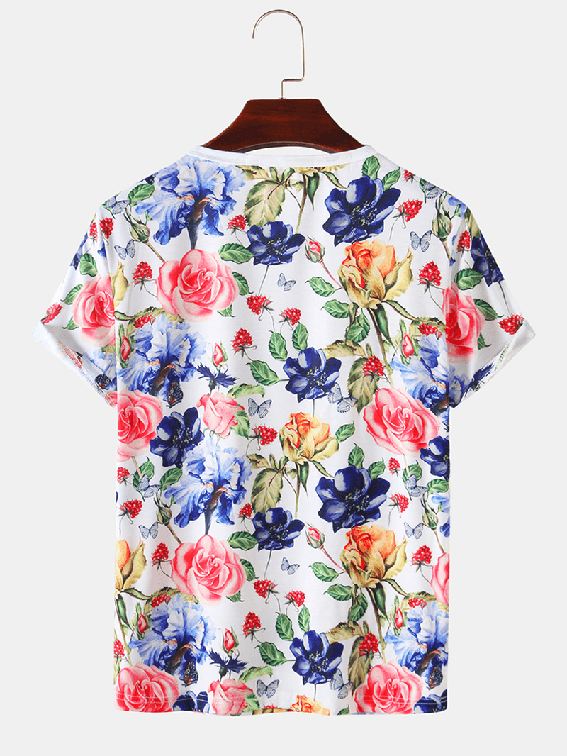 Mens Rose Floral Print Holiday Casual Short Sleeve T-Shirts - MRSLM