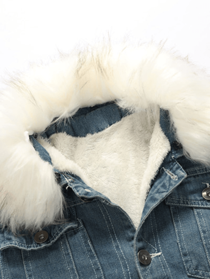 Mens Button up Stone Washed Multi Pocket Fur Fluffy Collar Thick Casual Denim Jacket - MRSLM