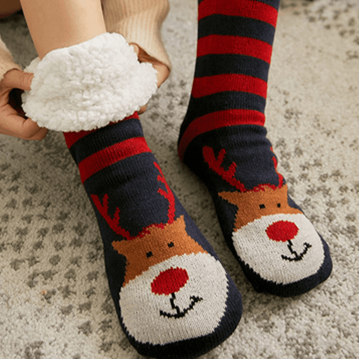 Women Warm Winter Outdoor Christmas Style Santa Claus Elk Pattern plus Velvet Thicken Home Sleep Socks Tube Socks - MRSLM