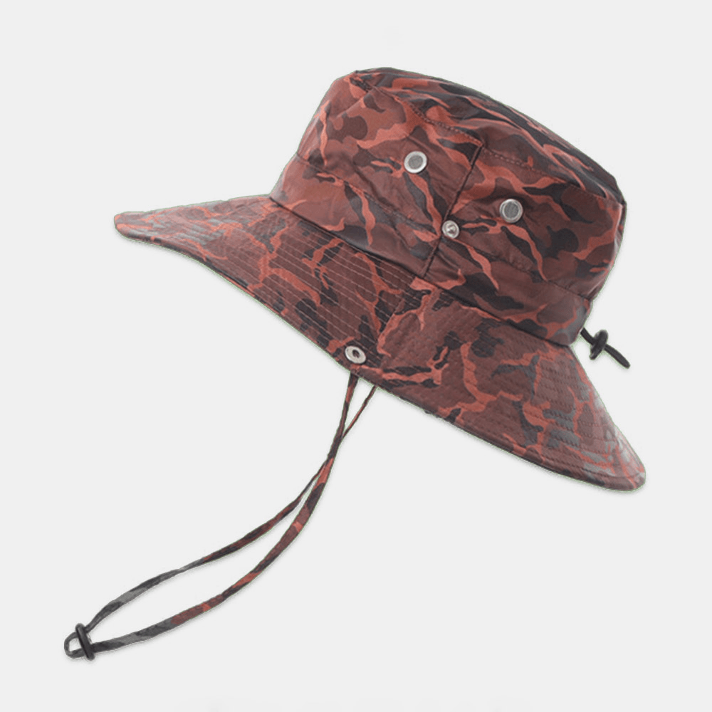 Men Camouflage Big Brim Windproof Rope Outdoor Fishing Climbing Anti-Uv Sunshade Bucket Hat - MRSLM