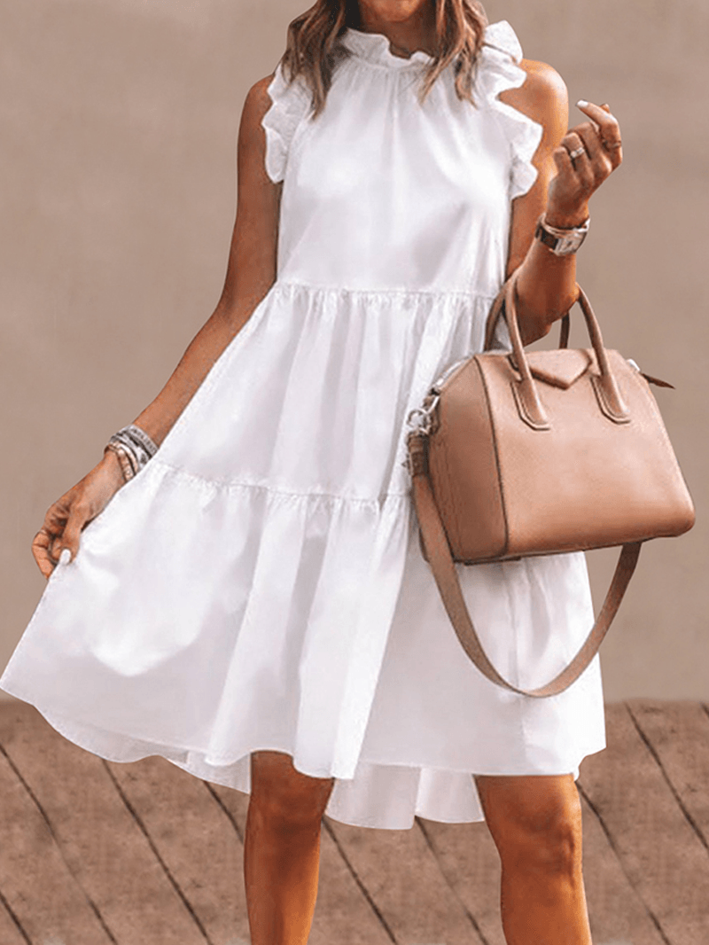 Women Solid Color Ruffles Trim Sleeveless Simple Midi Dresses - MRSLM