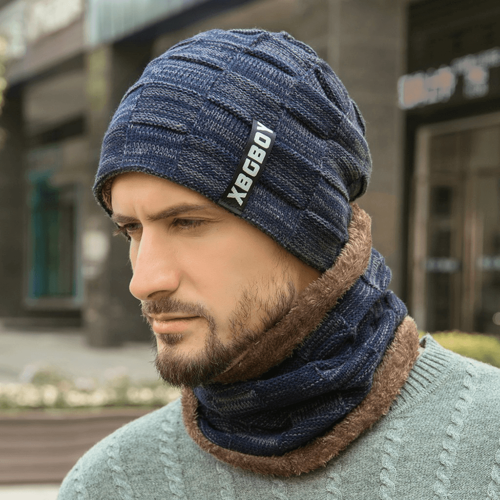 Men 2PCS Wool plus Velvet plus Thickness Winter Outdoor Keep Warm Neck Protection Headgear Scarf Knitted Hat - MRSLM