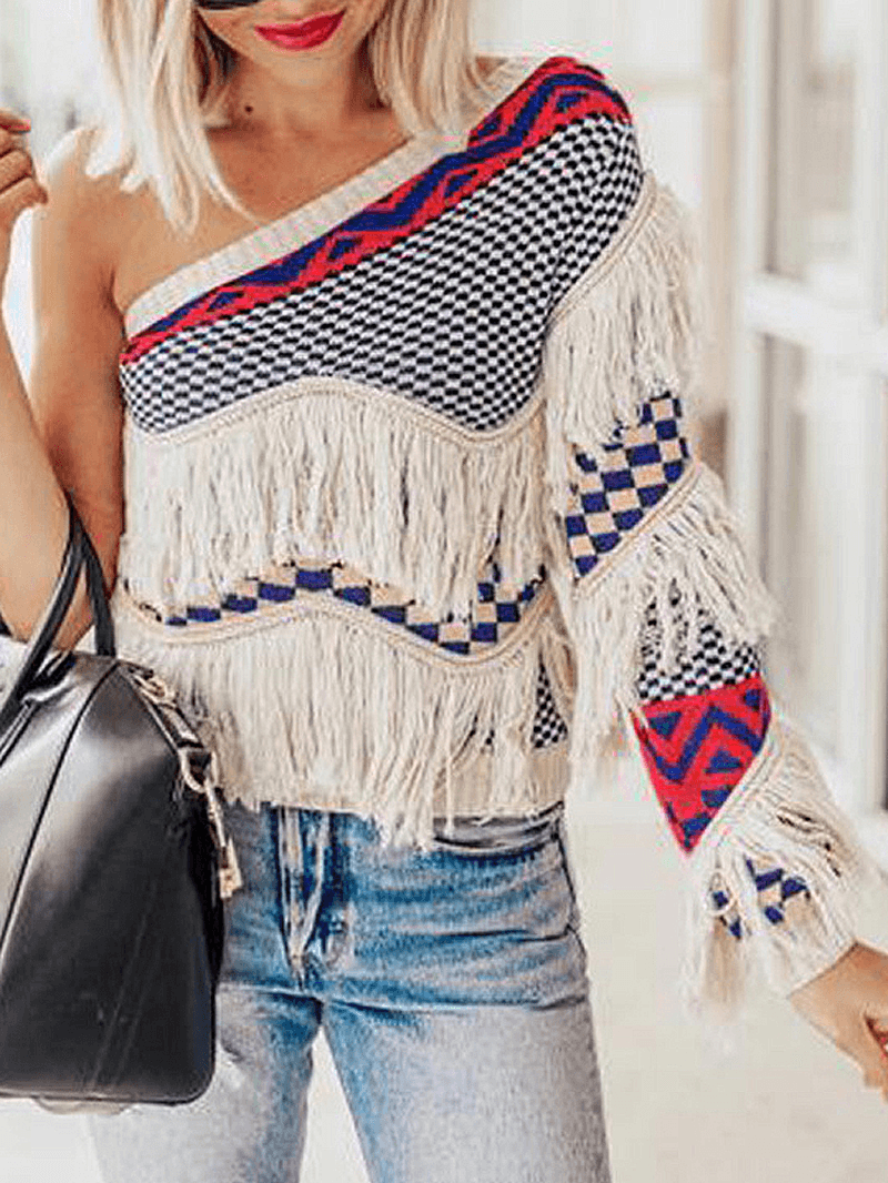 Women Grid Pattern Knitted Stitching One Shoulder Tassel Sweater - MRSLM