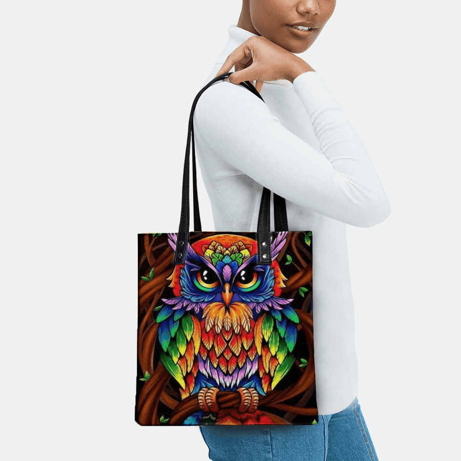 Color Owl Print Pattern Leather Tote Bag Sticker Shoulder Bag Handbag Tote with Built-In Small Bag - MRSLM