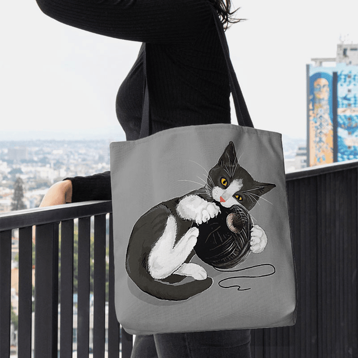 Women Felt Cute Cartoon Cat Playing Wool Ball Printing Pattern Casual Shoulder Bag Handbag Tote - MRSLM