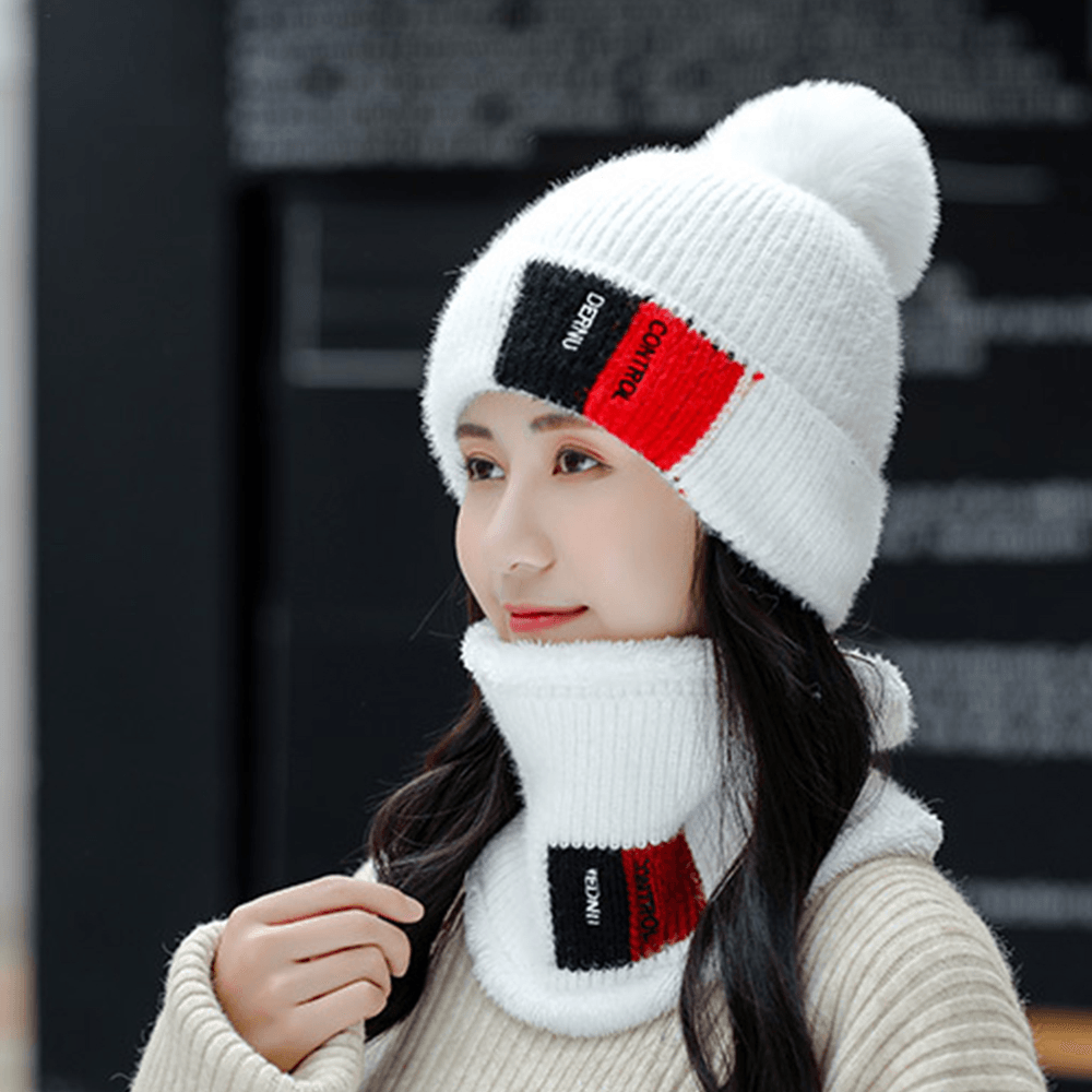 Unisex 2PCS plus Velvet Thicken Warm Windproof Neck Face Protection Riding Knitted Hat Scarf - MRSLM