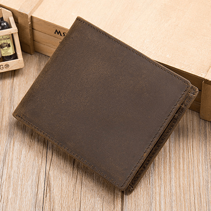 Men First Layer Cowhide RFID Anti-Magnetic Wallet Short Bifold Multi-Card Slots Card Case - MRSLM