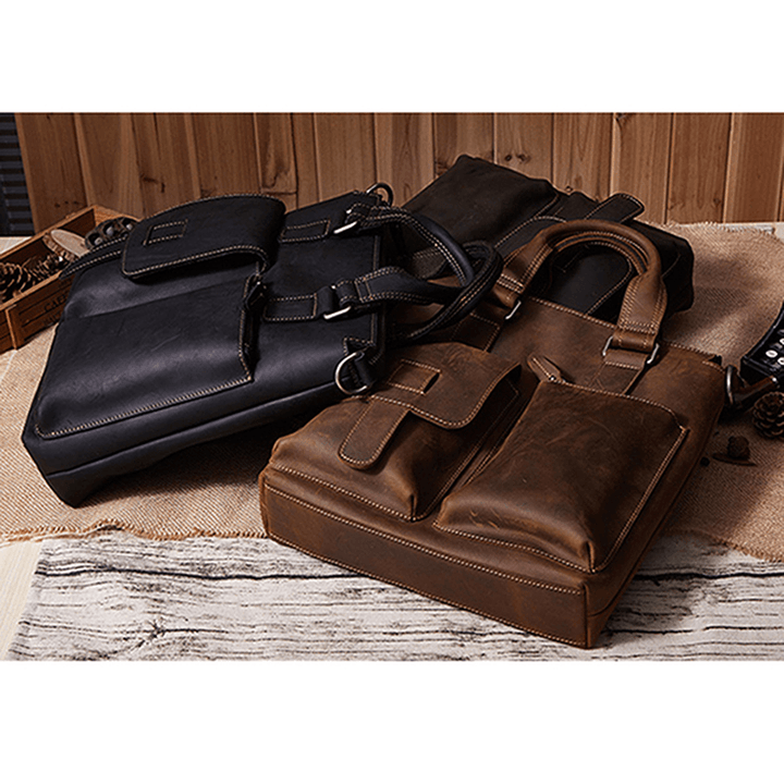 Men Genuine Leather Retro Handbag Crossbody Bag Casual Business Shoulder Bag Briefcase - MRSLM